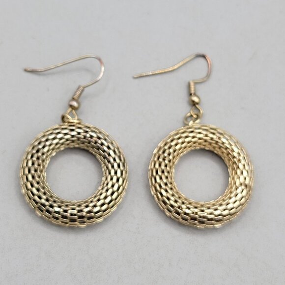 Mesh Woven Circle Dangle Earrings Gold Tone Fishhook Closures - Picture 4 of 5